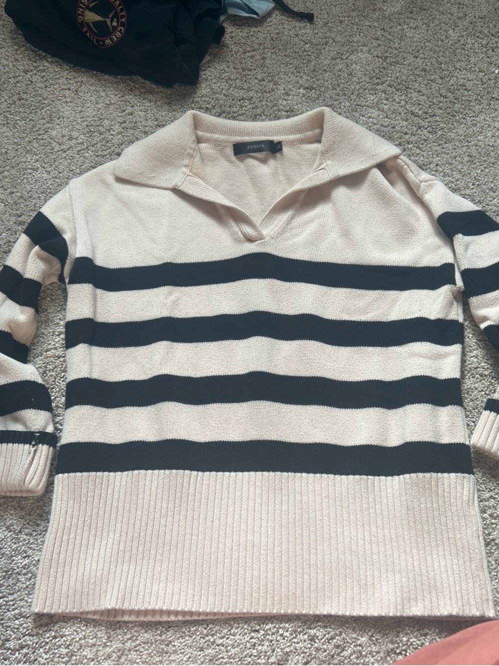 Zesica Cream & Black Striped Collared Sweater